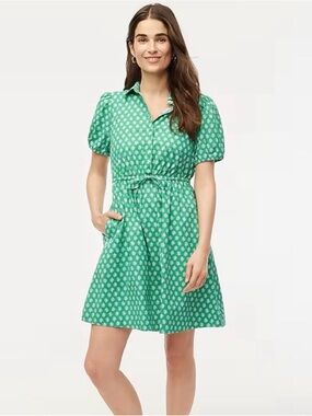 J CREW Collared Short-Sleeve Tie-Waist Mini Dress in Vintage Kelly White Size 16